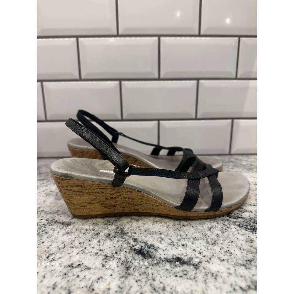 Patagonia Black Leather Wedge Sandals Strappy Thong Adjustable Women's Size 8.5 - Picture 7 of 8